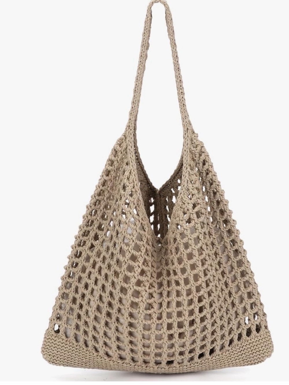 Boho-Chic Khaki Crochet Net Tote Bag - Slouchy Summer Beach & Market Handbag